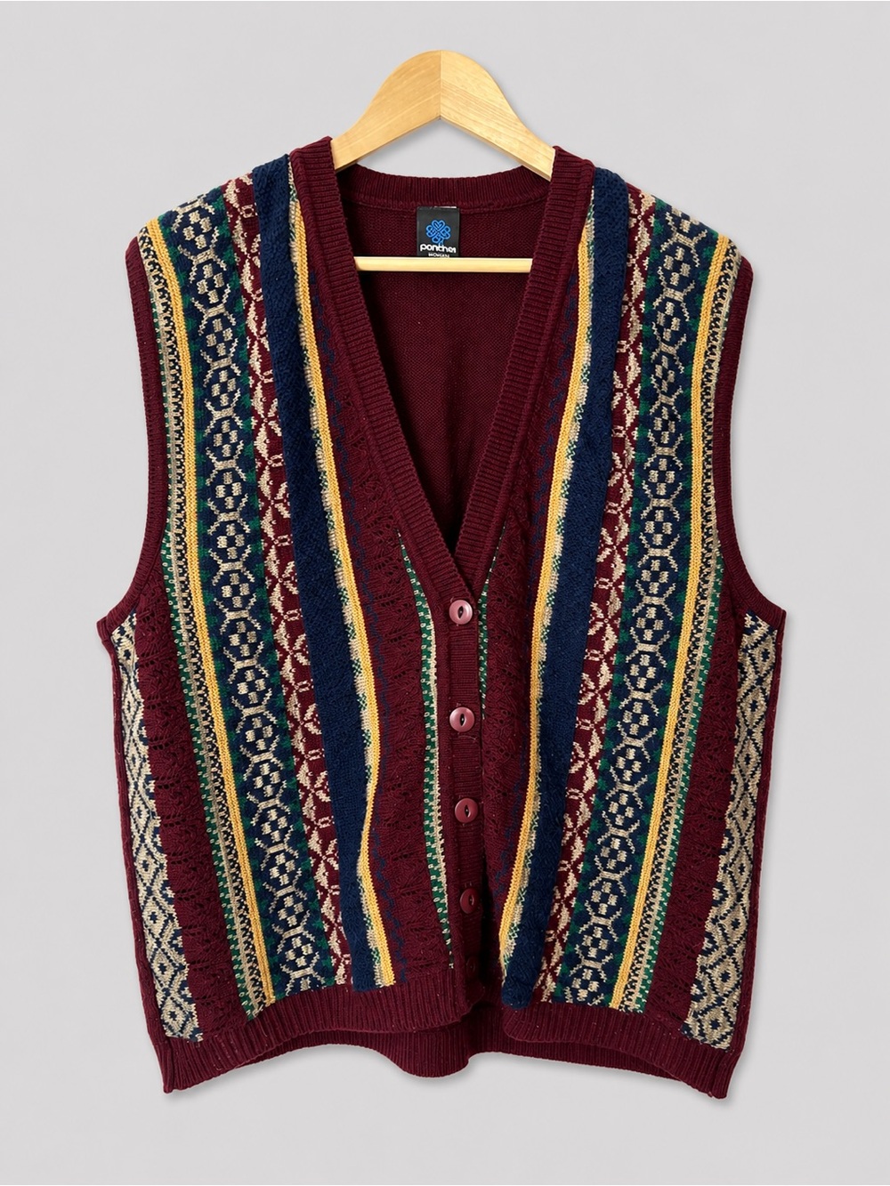 Panther Woman Vintage Fair Isle Knit Sweater Vest Button Burgundy Multicolor